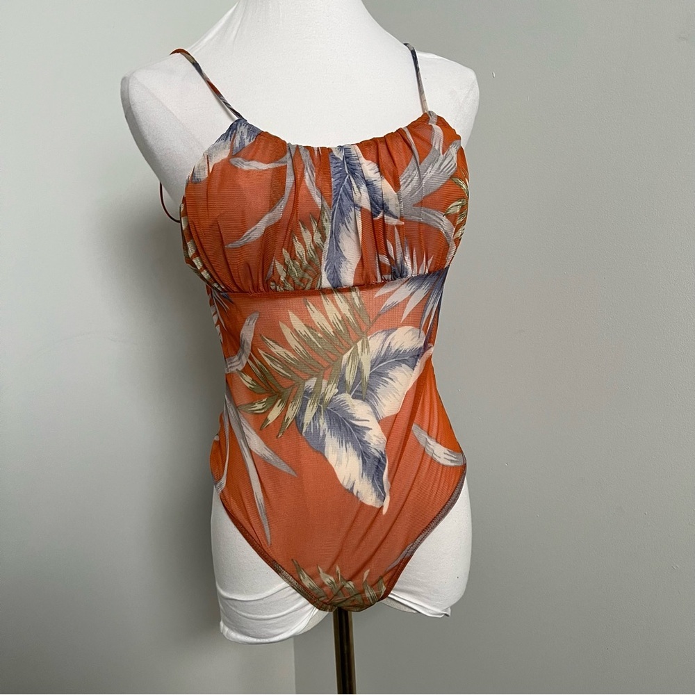 Vintage Y2K Shelley Sheer Tropical Bodysuit Mesh Camisole Top M/L - Picture 3 of 5